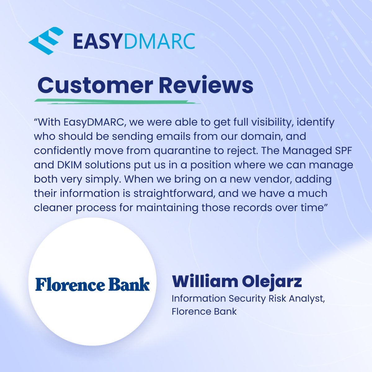 easydmarc's tweet photo. 📧 As organizations add more third-party email services, reaching DMARC enforcement becomes increasingly difficult without the visibility needed to ensure legitimate email flows are not disrupted.

Our latest case study features Florence Bank, a community-focused financial institution that successfully reached p=reject while simplifying SPF and DKIM management across its vendor ecosystem.

By partnering with EasyDMARC, they were able to:
✅ Successfully move from p=quarantine to p=reject with confidence,
✅ Simplify ongoing SPF and DKIM management across third-party vendors,
✅ Gain complete visibility into authorized senders and strengthen protection against unauthorized email.

🎯 William Olejarz, Information Security Risk Analyst at Florence Bank, shared how EasyDMARC's Managed SPF and Managed DKIM solutions helped the team overcome previous roadblocks, safely enforce DMARC, and build greater confidence in their email authentication strategy.

📖🔗 Read the full case study here: https://t.co/MFbKuyImvp

#EasyDMARC #DMARC #SPF #DKIM #EmailAuthentication #EmailSecurity #CyberSecurity