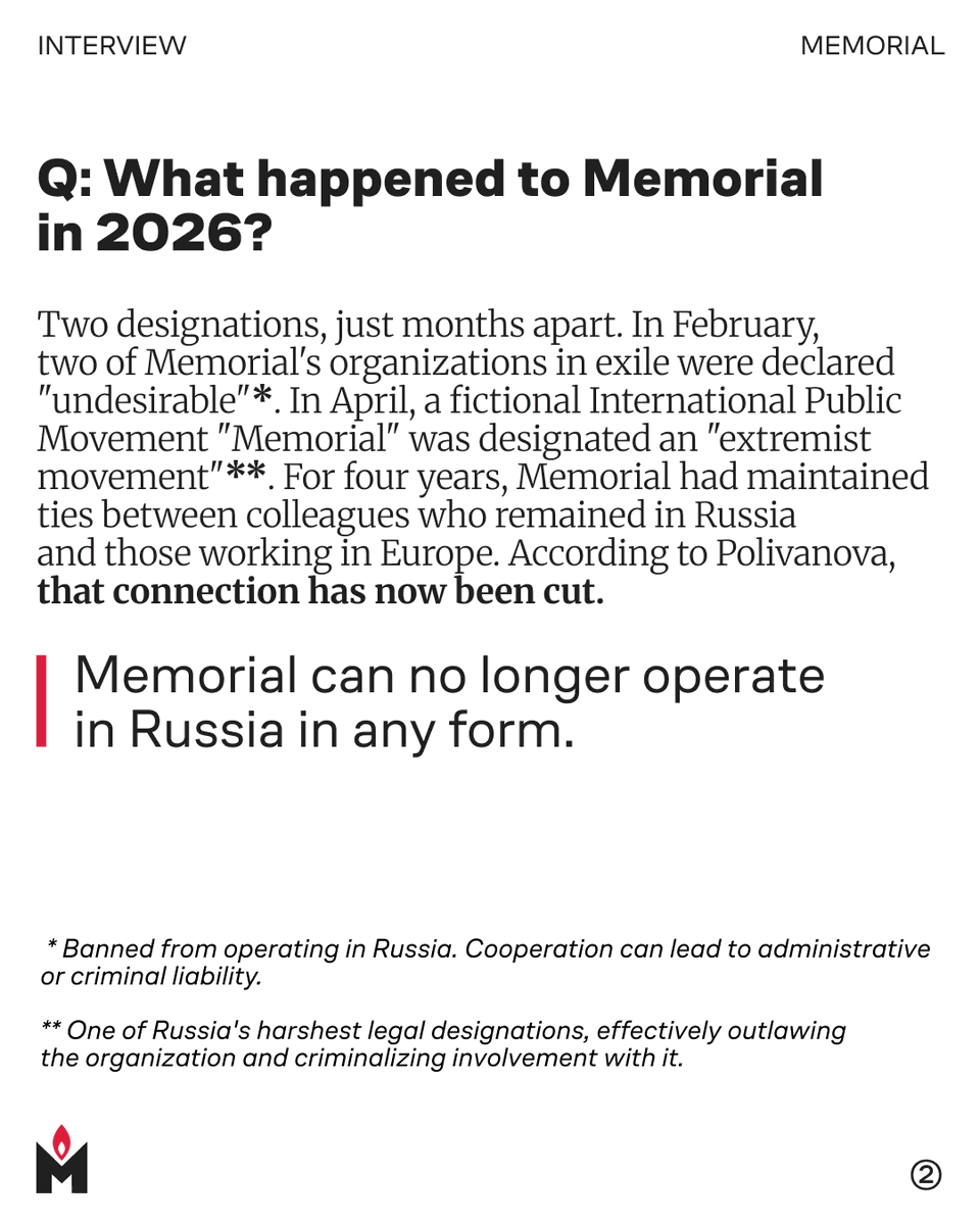 EnMemorial's tweet photo. Many people know Memorial for documenting the crimes of the Soviet past. But what does that work have to do with Russia’s war against Ukraine today?

In this interview, Memorial human rights activist Alexandra Polivanova reflects on why understanding the past is essential to understanding Russia today. She discusses the destruction of Memorial inside Russia, the links between memory and authoritarianism, the role of civil society during wartime, and why, in her view, a lasting peace requires more than ending the fighting.

Swipe through 9 key insights from the conversation.
Interview by Clara Sandgren.

You can read the full issue of New Eastern Europe  — Issue 4/2026: Fragility of Peace — at https://t.co/QyprlcmJiU