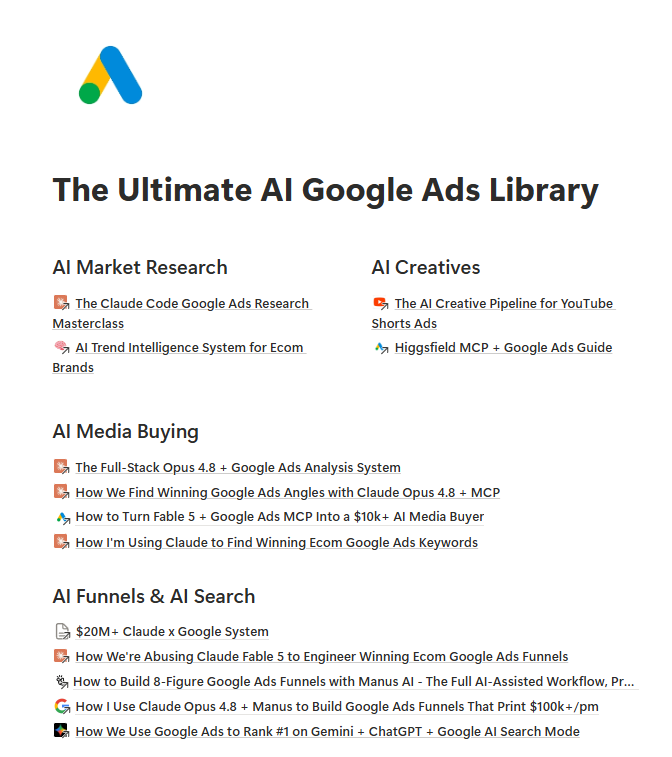eCom_Amin's tweet photo. just spent 3h putting together the ULTIMATE AI google ads library…

a collection of EVERY giveaway i’ve EVER run on how we’ve generated $20M+ for ecom brands

and for 24h, these 10 FULL guides can be ALL yours for FREE

covering EVERYTHING i EVER learned about:

> generating GMC titles with sonnet 5
> building comparison pages with claude code
> finding high-performing Google Ad angles with cowork
> repurposing winning meta creatives into youtube ads
> building pdps / quizzes / listicles / adv with manus AI
> automating media buying via Google Ads MCP
> producing creatives with GPT images 2.0
> running keyword research with opus 4.8
> researching competitors with fable 5
> ranking #1 on AI search via google

including EVERY skill file, prompt, claude md, and framework you might need

like + comment "LIBRARY" and i'll send you a link with ALL this

(must be following + RT for priority access)