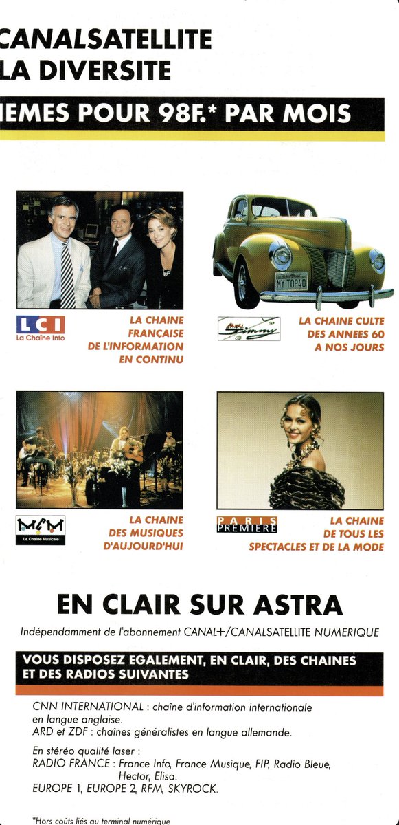fellague's tweet photo. La première offre de Canalsat numérique en avril 1996 : l'offre passe de 7 chaînes analogiques à 10 chaînes pour 98 FRF/mois soit environ 15 €/mois.
- Planète
- Voyage
- Canal J
- La Chaîne Météo
- Eurosport
- TMC
- LCI
- Canal Jimmy
- MCM
- Paris Première
et les options Ciné Cinémas, Ciné Cinéfil, Muzzik, Multi Music et C:

#TV #Satellite #Canalsat #CanalPlus #Numerique #Planète #Voyage #CanalJ #LaChaineMeteo #Eurosport #TMC #LCI #CanalJimmy #MCM #ParisPremiere #DTH #Free #Freebox #SFR #BBox #Orange #BouyguesTelecom #OTT
(c) visuels Canal+