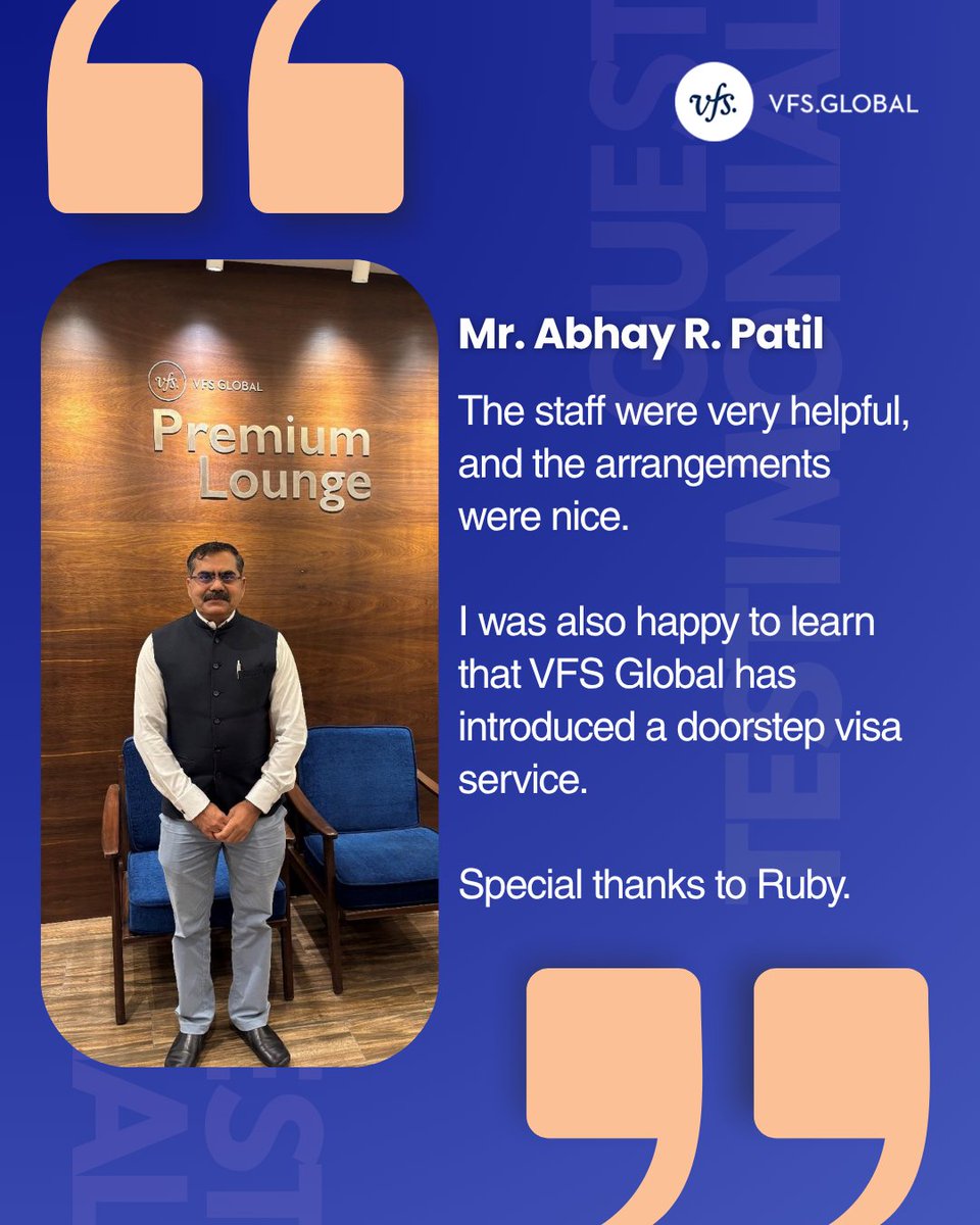 VFSGlobal's tweet photo. Our absolute priority is ensuring a seamless and efficient experience for every applicant.

Thank you, Mr. Abhay R. Patil, for your kind words regarding our service. Recognition of this nature underscores our ongoing commitment to professionalism, efficiency, and customer care across all our operations.

#CustomerExcellenceDiaries #VFSGlobal