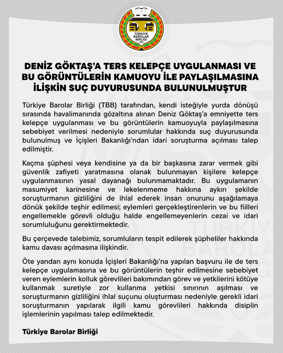TKRgazete's tweet photo. Türkiye Barolar Birliği, Deniz Göktaş'a ters kelepçe uygulanması ve bu görüntülerin basına servis edilmesi hakkında suç duyurusunda bulundu. https://t.co/RdBPUHQ70M