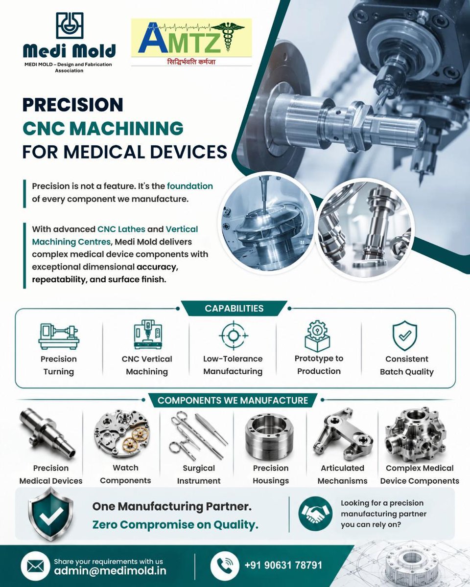 MediMoldDFA's tweet photo. ✨From surgical instruments to complex medical device components, @MediMoldDFA delivers precision #CNC machining with exceptional accuracy, repeatability &amp; surface finish. 

✨Prototype or production @MediMoldDFA built for quality.

✨Know more: 📩 admin@medimold.in

#MedTech https://t.co/iS5mqX5otR