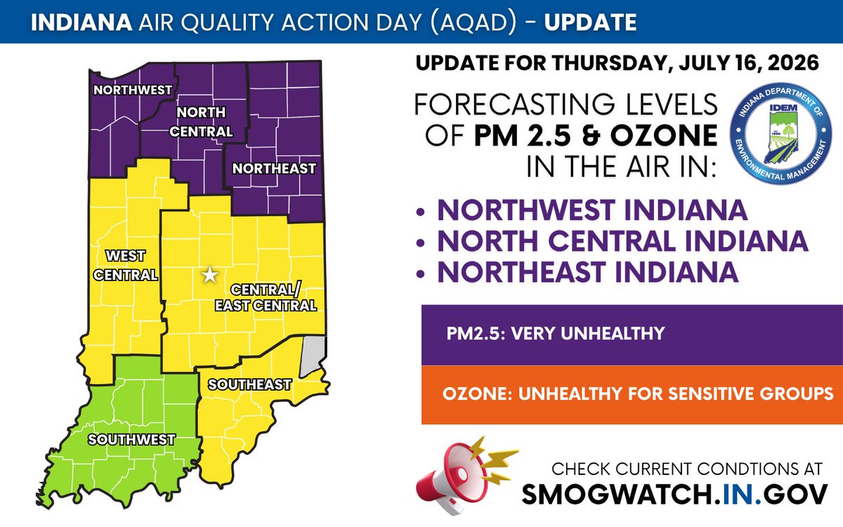 idemnews's tweet photo. ⚠️IDEM has updated today's Air Quality Action Day (AQAD) forecast and is forecasting an AQAD for Friday, July 17, 2026, throughout much of Indiana.⚠️
 
For more information and recommended actions, see: https://t.co/aArwJNLkDR https://t.co/oMVo5JzQ5F