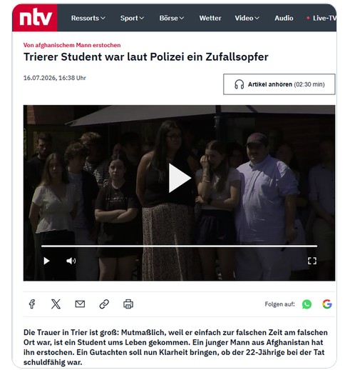 MatthiasHartel's tweet photo. Wie blöde wird es hier noch? Der Student war "zur falschen Zeit am falschen Ort"? Sich auf einer Straße in Deutschland bewegen geht also gar nicht mehr? 

Hier war nur einer "zur falschen Zeit am falschen Ort". Der Mörder, der in unserem Land nichts zu suchen hatte.

Wollte ich nur mal klar stellen, gelle NTV?