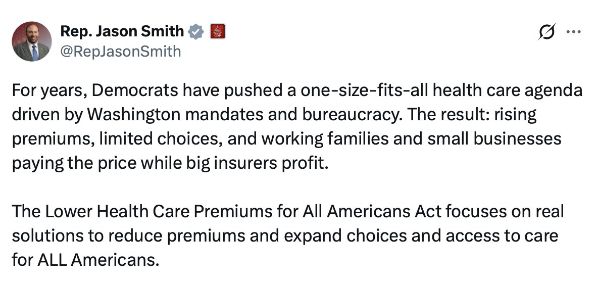 TheDailyReceipt's tweet photo. 🧾 The Receipt: @RepJasonSmith took more corporate PAC money than any other House member in 2024 ($3.3M). His #2 industry: insurance (~$394K). He architected the One Big Beautiful Bill which slashed Medicaid and drove millions to higher private insurance premiums. Smith created this issue himself, then went to Twitter to deflect blame from his donors. #TheDailyReceipt #FollowTheMoney