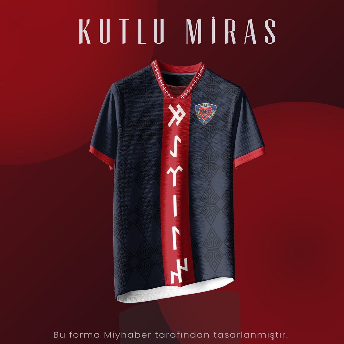 miyhaber1925's tweet photo. Göktürkçe ile işlenen "MERSİN" detayı, Toroslardan esinlenen desenler ve asil rengimiz! 
101 yıllık tarihe duyulan saygının tasarımı ❤️💙 https://t.co/LeJKVuJSAa
