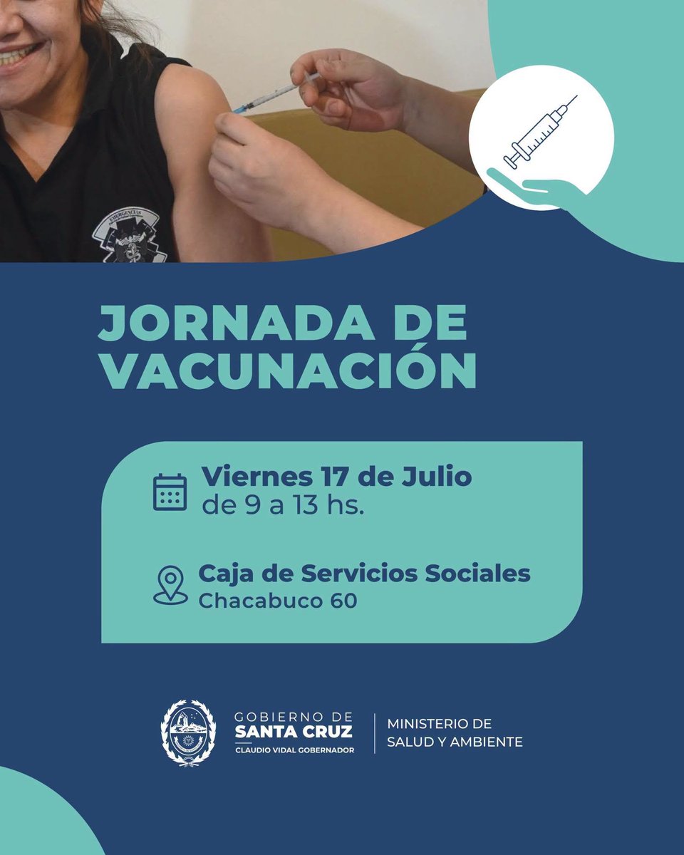 css_santacruz's tweet photo. Invitamos a la comunidad a una jornada de inmunización este Viernes 17 de Julio, de 09 a 13 hs, en la Caja de Servicios Sociales, Chacabuco N° 60. https://t.co/24WQcnnGhA