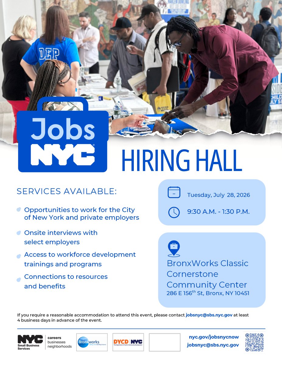 BronxWorks's tweet photo. Looking for your next career opportunity? Join the JobsNYC Bronx Hiring Hall on July 28, hosted by @NYCMayorsOffice, @NYCWorkforce1, and BronxWorks Workforce Development. 

RSVP: https://t.co/NMTP4ibAbZ 

Can't make it? Call 718.993.8880. #BronxJobs #HiringHall https://t.co/yR0mLOrVsT