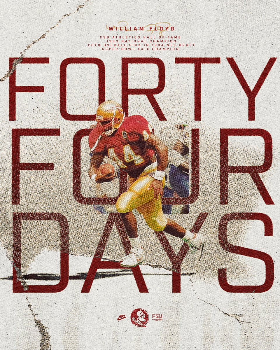 FSUFootball's tweet photo. 4️⃣4️⃣ Days to Kickoff: William Floyd

🍢 1993 National Champion
🍢 Super Bowl XXIX Champion
🍢 2017 FSU Hall of Fame
🍢 FSU radio analyst since 2008

#NoleFamily