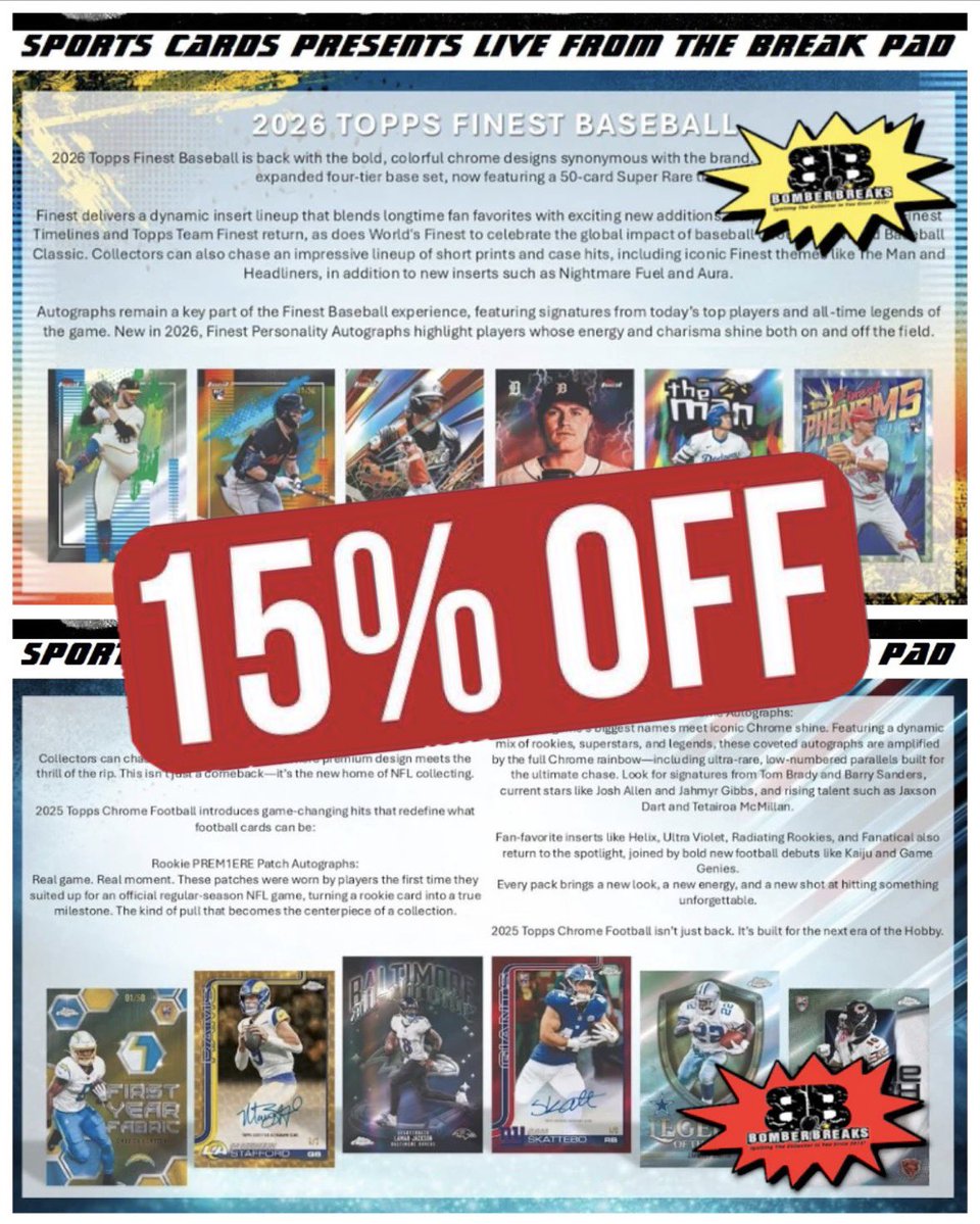 BomberBreaks's tweet photo. Discount Codes are Active! 🚨🚨

Grab your teams now at https://t.co/ySFeOQZLbX 

➡️ Use Code:  BOOM20 to save 20% off of the following Thursday PYT Teams:

- 2026 Panini Immaculate Baseball
- 2026 Panini Donruss Elite Baseball
- 2025 Topps Signature Class Football

➡️ Use Code:  SAVE15 to save 15% off of the following Thursday PYT Teams:

- 2026 Topps Finest Baseball
- 2025 Topps Chrome Football