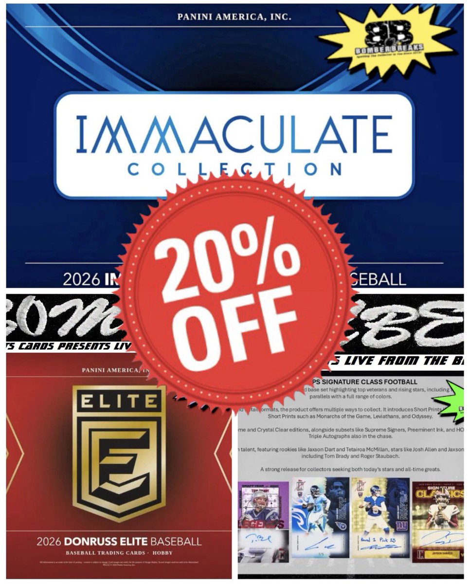 BomberBreaks's tweet photo. Discount Codes are Active! 🚨🚨

Grab your teams now at https://t.co/ySFeOQZLbX 

➡️ Use Code:  BOOM20 to save 20% off of the following Thursday PYT Teams:

- 2026 Panini Immaculate Baseball
- 2026 Panini Donruss Elite Baseball
- 2025 Topps Signature Class Football

➡️ Use Code:  SAVE15 to save 15% off of the following Thursday PYT Teams:

- 2026 Topps Finest Baseball
- 2025 Topps Chrome Football