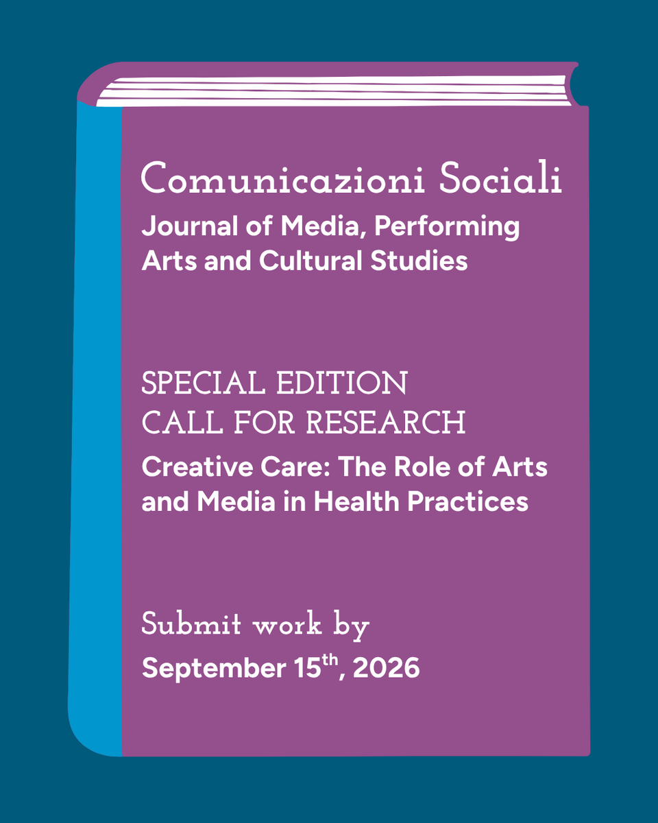 UFCAM's tweet photo. A new call for research papers is now open for Creative Care: The Role of Arts and Media in Health Practices, a special issue of Italy's Comunicazioni Sociali: Journal of Media, Performing Arts and Cultural Studies.

Submit abstracts by Sept. 15:
https://t.co/2mvKaGWktb https://t.co/Dmy7wcG0bK
