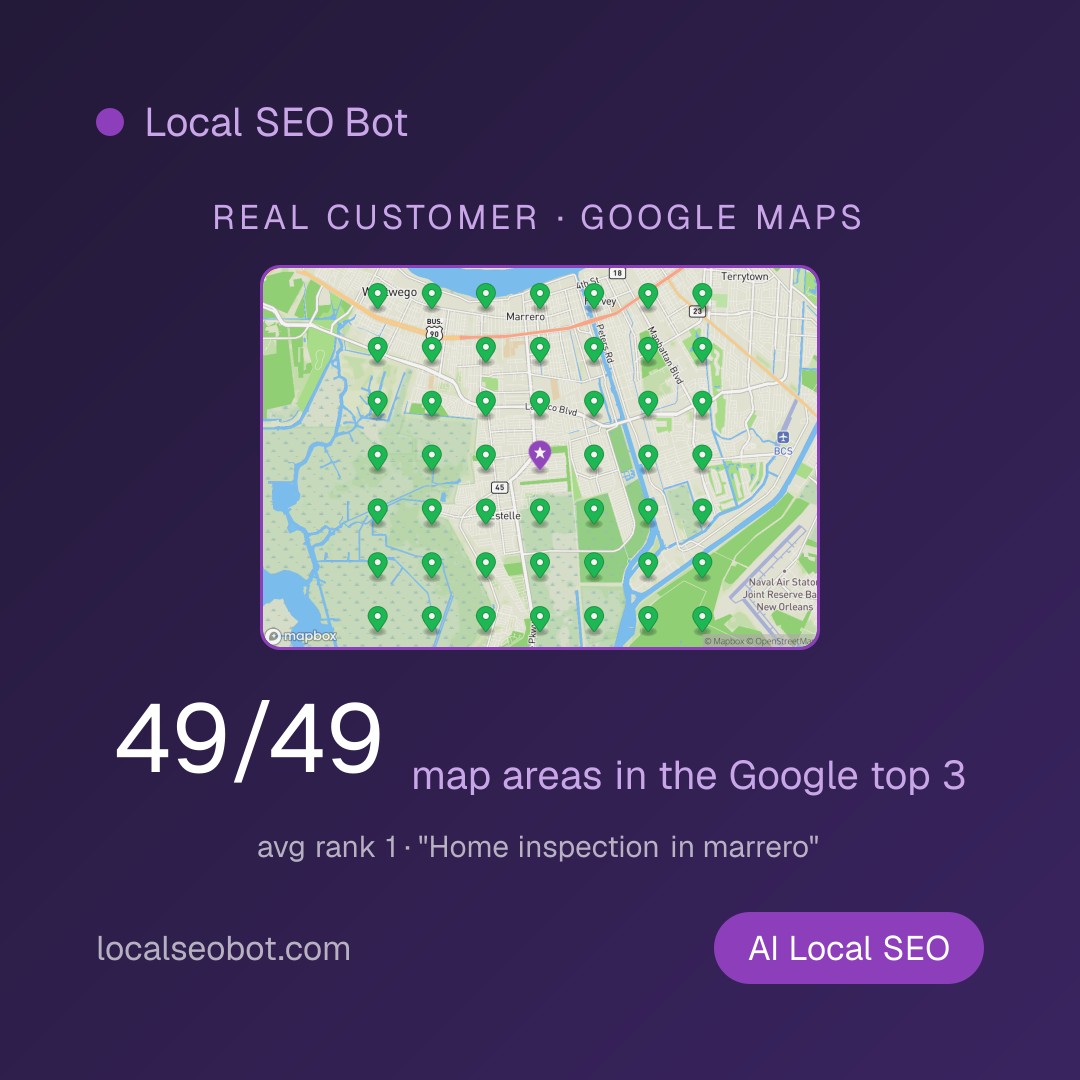 localseobot's tweet photo. A home inspector in Marrero ranks in the Google Maps top 3 across 49 of 49 grid points for "Home inspection in marrero." Average rank across the whole grid: 1. That's a real customer of ours, right now. #localseo https://t.co/N0x7Oby9FB