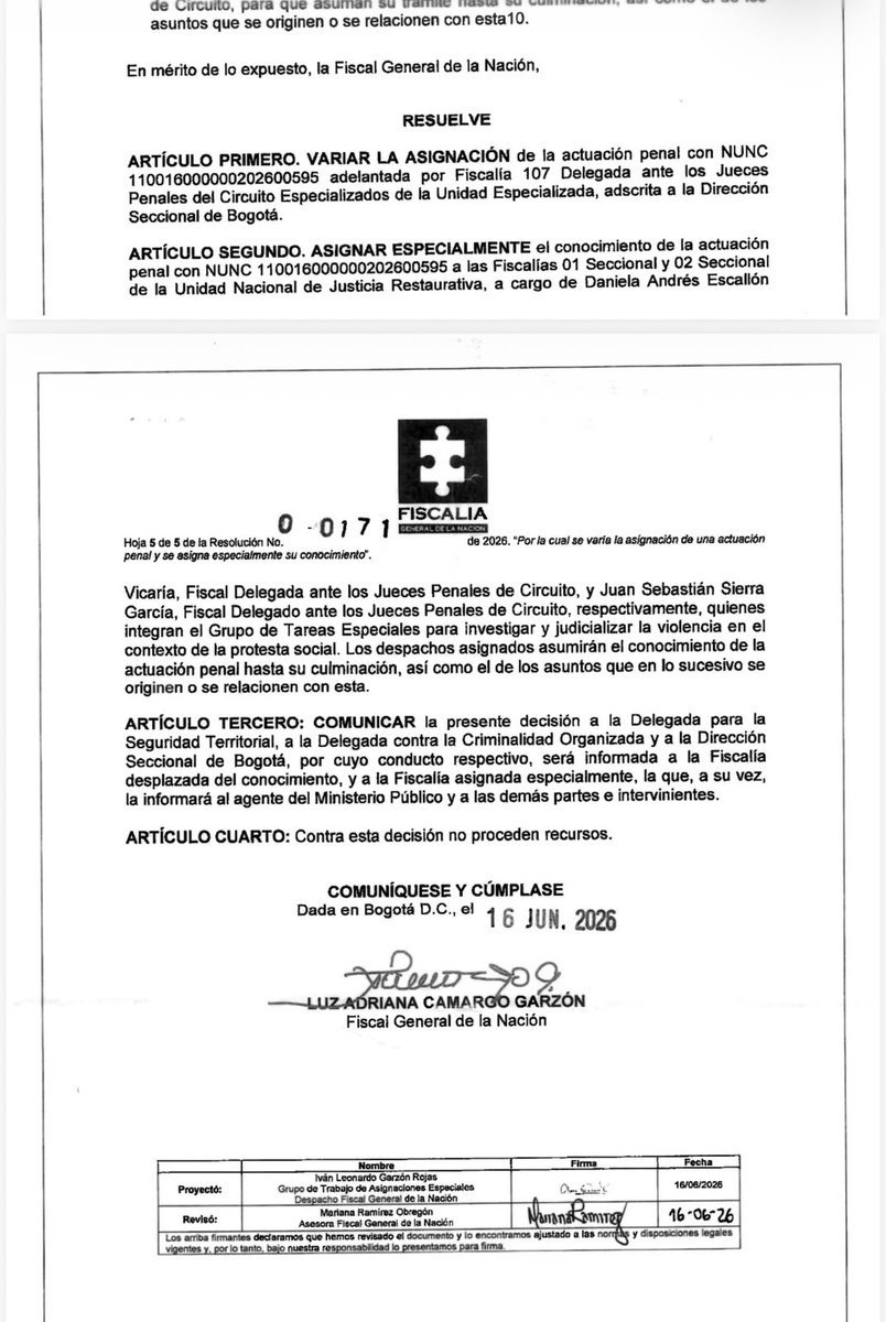 UltimaHoraCR's tweet photo. #ATENCIÓN | La fiscal general, Luz Adriana Camargo, emitió una resolución con la que frenó la acusación contra 11 personas que harían parte de una banda conocida como Brigada Clandestina por el Pueblo (BPP) que habría perpetrado entre 2024 y 2025 al menos 15 actos terroristas en Bogotá, entre ellos la quema de un bus del SITP.

🧵

Vía: @JennyAngaritaG