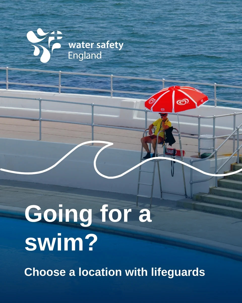 A lifeguard sitting on a high chair by a swimming pool, with the text 'Going for a swim? Choose a location with lifeguards'.