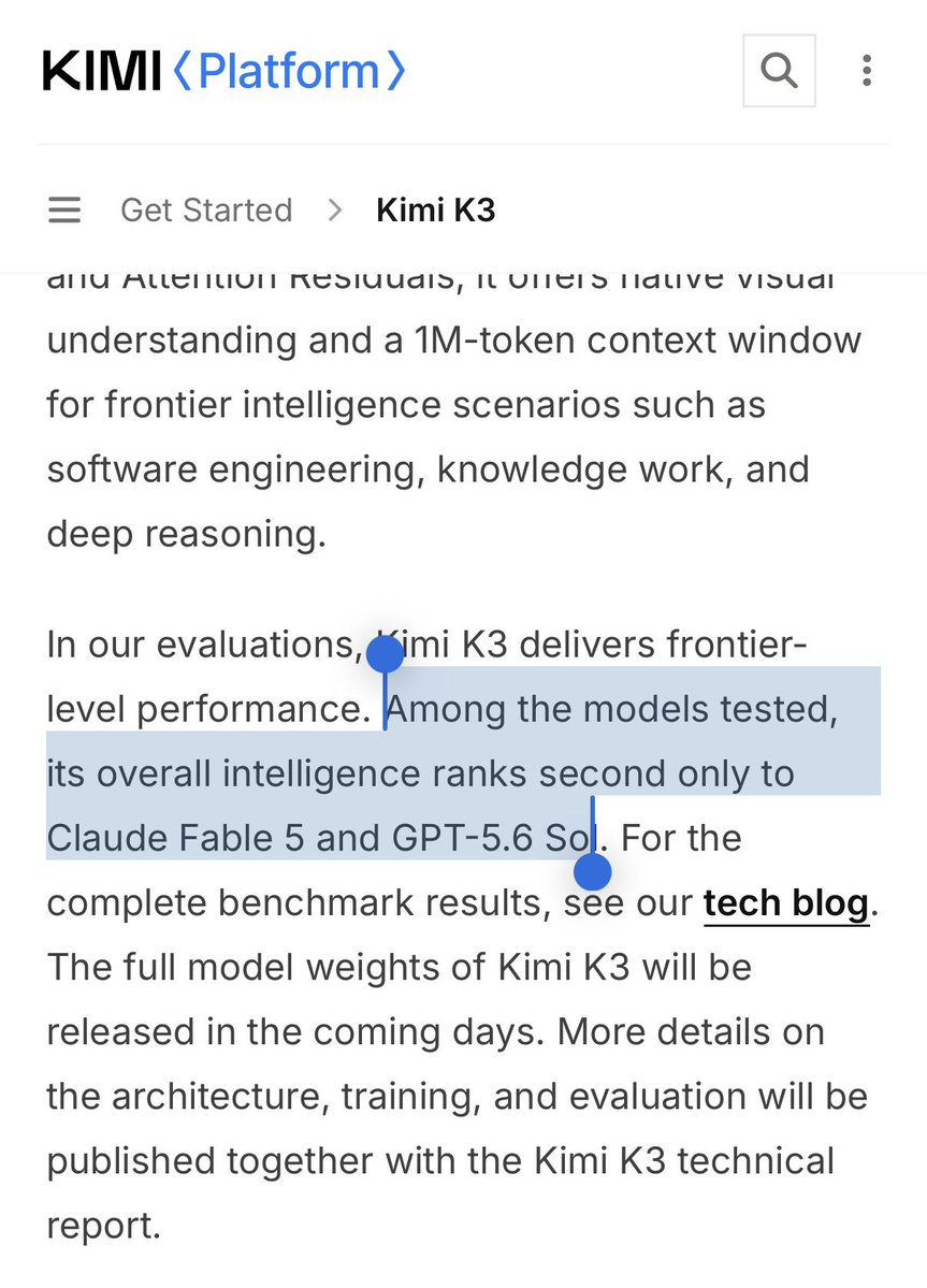 RykerStone123_'s tweet photo. Kimi K3 just dropped — and it's wild.

2.8 trillion parameters. Fully open-source. Full model weights releasing this week.

Among all models tested (open or closed), it ranks #2 in overall intelligence — behind only Claude Fable 5 and GPT-5.6.

The frontier is no longer closed. 🔓