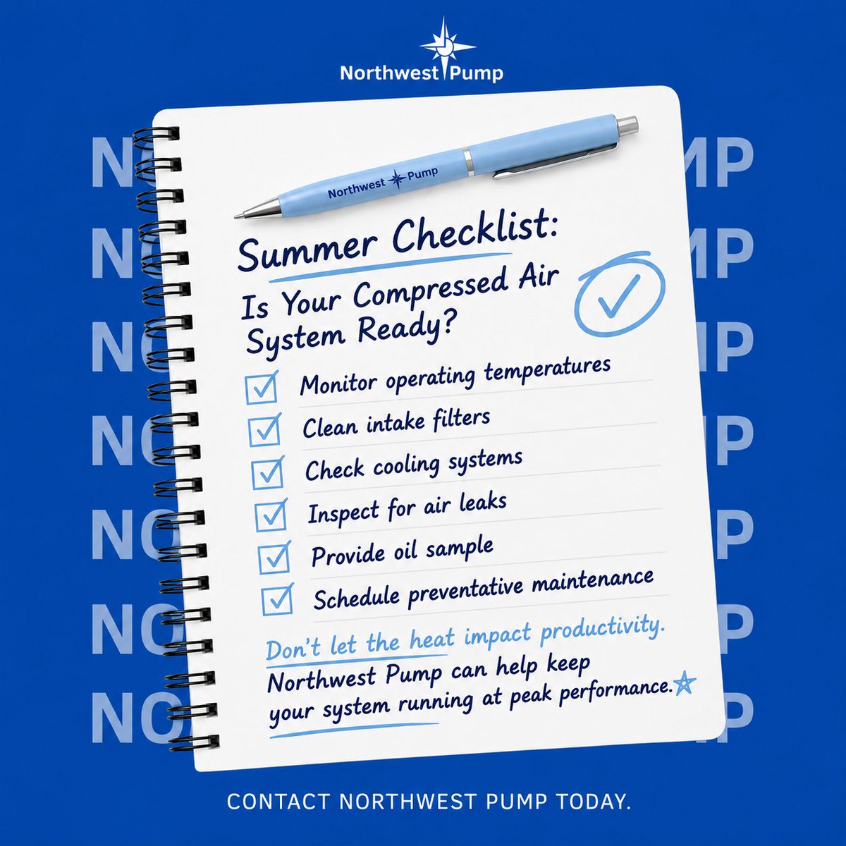 NorthwestPump's tweet photo. Is your compressed air system ready for summer?

Monitor operating temps, inspect for leaks, check cooling systems, and schedule preventative maintenance before the heat impacts productivity. 🔧

#CompressedAir #PreventativeMaintenance #NorthwestPump https://t.co/ZgTv3BvIXw