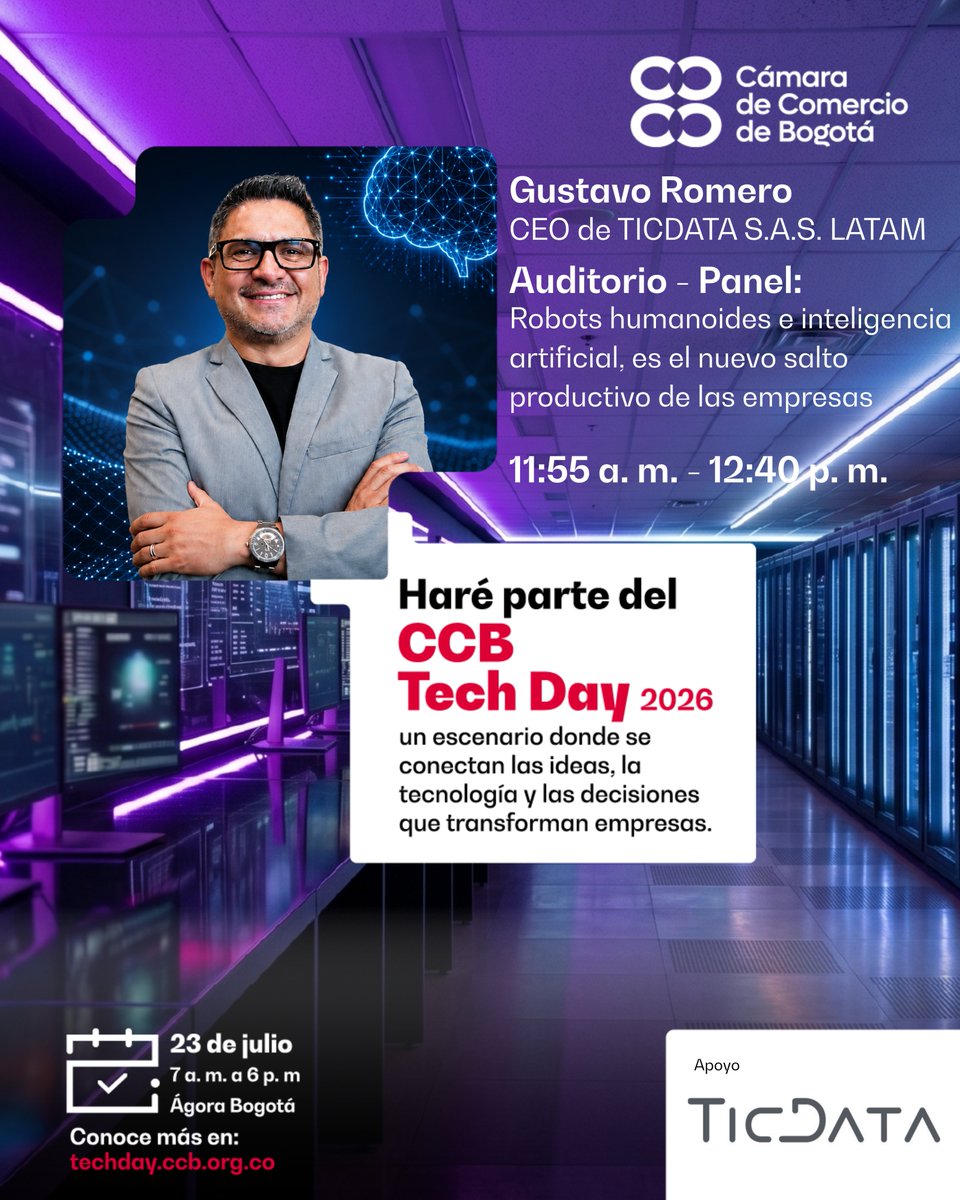TICDATACo's tweet photo. La IA ya está redefiniendo las empresas.

Este 26 de julio estaremos en el #CCBTechDay2026 de @camaracomerbog con @GUSSROM 🤖

🎟️ Inscríbete gratis:
 https://t.co/Lf5fKqn8bx https://t.co/eGvRlrrXA2