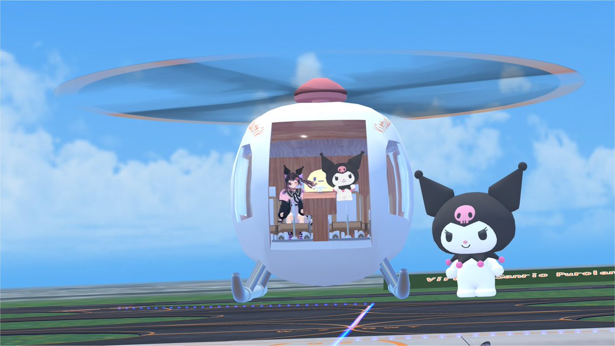 Paira9999's tweet photo. VRAFとバーチャルピューロランドコラボでクロミちゃんが来てくれたよ！サンリオキャラで一推しキャラです❤️可愛い💞飛行場にも大きなクロミちゃんがいるけれど、動くクロミちゃんが見れて幸せな時間でした🥰
#VRAF 
#VRChat https://t.co/9OlXcbkifa
