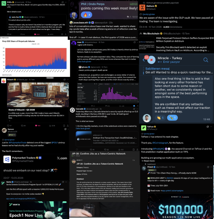 deTEfabulaNar_'s tweet photo. Perp DEXs & Latest News
-TL;DR 

According to @TheBlockCo:
>Perp DEXs have become one of the fastest-growing sectors in Web3. Their share of total crypto perpetual trading volume has grown from less than 2% in early 2023 to over 10% by 2026.

@risextrade:
> Points program launches July 20.
>Daily volume reached a new ATH at around $150M.
>Added Gold & Silver perpetual pairs (20x leverage).
>RWA trading pairs are coming soon.

@OndoPerps:
>Points program is expected next week.
>Weekly rewards increased to $175K.
>Daily trading volume surpassed $200M.

@miracletrade:
>Co-founder @Jordanmiracl shared several updates in the Turkish Telegram community.
>July 19: Minara AI integration (AI-powered trading assistant).
>July 29: Cross-DEX swaps integrated into the app.
>August 1: Korea AMA.
>Product momentum remains strong with $5.1B+ trading volume and growing revenue.
>Funding discussions with market makers and VCs are still ongoing, with a smooth TGE and strong exchange listings planned.

@hibachi_xyz:
>TGE appears to be targeted for Q3 2026.
>Released a new roadmap.

@jtx_trade:
> Expectations for a major airdrop have declined following the approval of JIP-38.

@Polymarket:
> Deleted its airdrop-related post, drawing criticism from the East Asian community.
>The move was likely driven by legal considerations.

@Vanta_exchange:
Season 1 has officially begun.

@base  (Jesse Pollak):
> Jesse Pollak acknowledged that Base's "social app" strategy was the wrong direction.
> Sectors like Farcaster, Zora, and creator tokens have underperformed.
>The strongest growth is now in Perp DEXs, stablecoins, tokenization, and prediction markets

@cascade_xyz:
>After m ore than a month of inactivity, the project's liquidity pool collapsed, followed by claims of a hack.
>Transparency concerns remain, and skepticism around the team's explanation continues.

@Ostium:
> Suffered an $18M hack.
Hopefully the team can recover.

@primitforall:
>A Perp DEX built on Avalanche.
>Worth watching if you're bullish on the AVAX ecosystem.

@nadoHQ:
>Following declining trading volumes, @givenoxbt and @muarmemuar published insightful analyses.
> Recommended reads for anyone looking to better understand the current Perp DEX landscape.

@TxFlow_L1:
-Introduced @ProblyHQ, a new prediction market application.
-The team and the project are likely to receive more attention in the coming weeks.