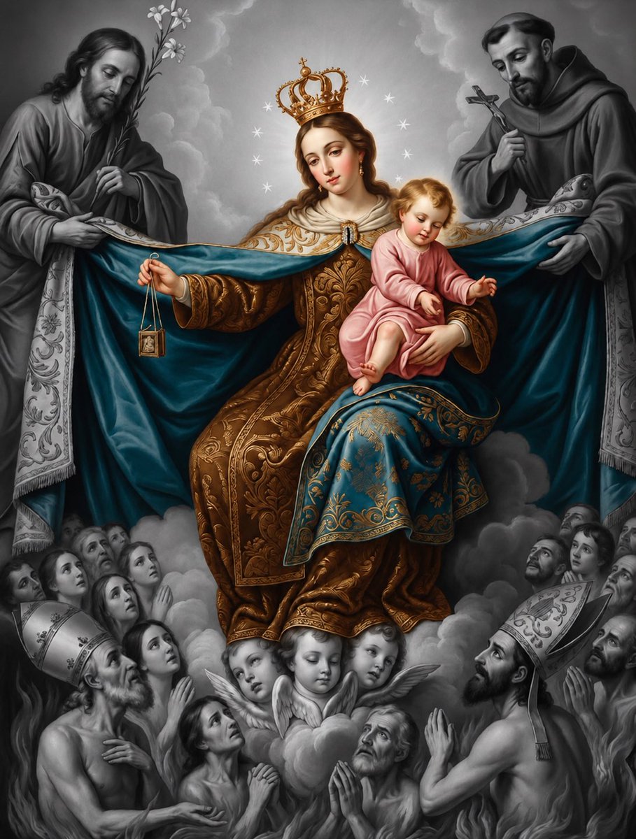 SoyPaterBeltran's tweet photo. Oración a Nuestra Señora del Carmen por las benditas almas del purgatorio: 

¡Virgen Santa! Durante toda mi vida has sido mi tierna Madre; Tu me has obtenido gracias sin número en todos los peligros y en todas mis penas, y no me abandonarás en la hora terrible de mi muerte. 
Mas hoy te pido una gracia especial, como bondadosa consoladora de los afligidos, y es la de que tengas piedad de las almas que el reato de culpas retiene cautivas en el fuego del Purgatorio. 
Tú, amantísima Reina del Carmelo, has permitido que te llame mi buena y dulce Madre: se también madre de las infortunadas almas por las cuales yo suplico a tu corazón tan compasivo. Conmuévete por mis lágrimas y mis plegarias, para que los sufridos lamentos que parten de aquel lugar de tristeza y de miseria lleguen hasta ti, y, cual piadosa medianera entre Dios y las almas que están allí detenidas, obtener su pronta liberación. 
Esta es la gracia que solicito ¡oh Madre de Dios! y que ruego nos concedas. 
No dejes de utilizar el poder de tu intercesión que se dignó concederte tu Unigénito Hijo, especialmente el del sábado. 
Amén.

Se reza un Padre Nuestro, Ave María y Gloria por las benditas ánimas del purgatorio.