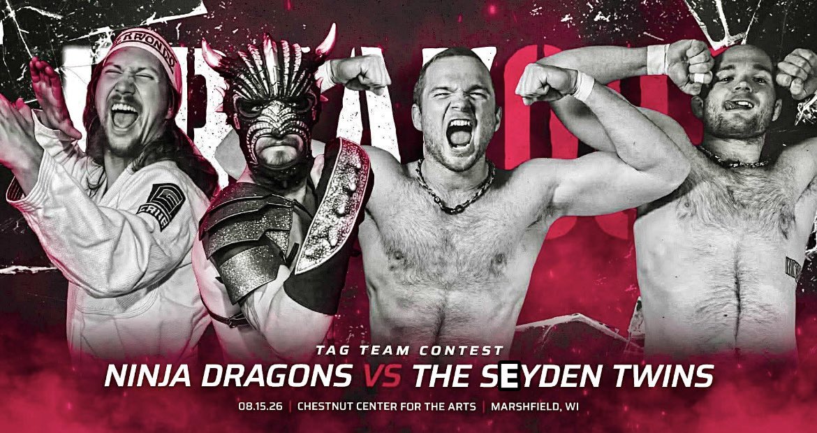 FrontlineProWI's tweet photo. 💥#BREAKOUT ANNOUNCEMENT💥
Two debuting teams join the fray of the #FrontlinePro tag team scene as the Ninja Dragons take on brothers Brock and Brady, the #SeydenTwins!
Could the winners see themselves instantly in the tag team title conversation?
🗓️ 08.15.26
MARSHFIELD, WI https://t.co/E0YLKHzfBh