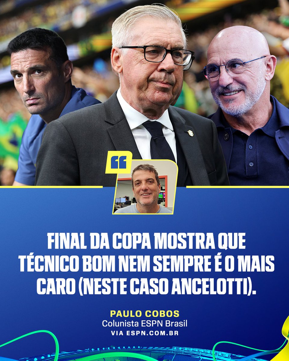 ESPNBrasil's tweet photo. OPINIÃO🗣️: "FINAL DA COPA PROVA QUE TÉCNICO BOM NEM SEMPRE É O MAIS CARO"

Para Paulo Cobos, a decisão da Copa do Mundo reforça que um alto investimento não garante sucesso. Mesmo sendo o técnico mais bem pago, Carlo Ancelotti ficou pelo caminho, enquanto Lionel Scaloni e Luis de la Fuente conduziram Argentina e Espanha à final com salários bem mais modestos. 

📝 Leia mais em https://t.co/uisRSXpupH

Este conteúdo não reflete necessariamente a opinião da ESPN.

#ESPN2026 #Ancelotti #Scaloni #DelaFuente #Brasil #Argentina #Espanha