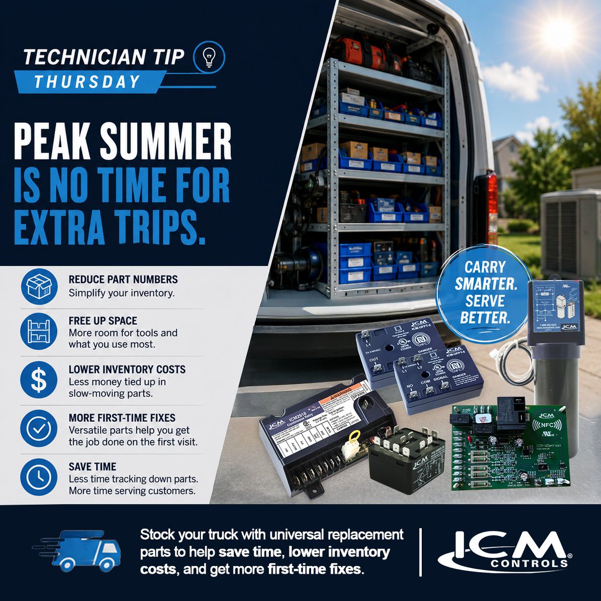 ICMControls's tweet photo. A lean, well-planned truck stock doesn't mean carrying less, it means carrying smarter.
Improve truck stock efficiency with Universal Controls: https://t.co/mCeAwezsMN
Find a distributor: https://t.co/yR2CylNvxS
#HVAC #HVACTech #HVACContractor #TruckStock #UniversalParts https://t.co/TqU6Oi8xWN