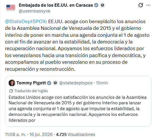 la_katuar's tweet photo. Departamento de Estado ratifica "impulso a la transición democrática institucional de Venezuela"

"Estados Unidos acoge con satisfacción los anuncios realizados el martes por la Asamblea Nacional de Venezuela de 2015 —encabezada por Dinorah Figuera— y por el gobierno interino de Venezuela, sobre una agenda conjunta que comenzará el 1 de agosto para promover la estabilidad, la democracia y la recuperación nacional del país.

Este anuncio representa un importante paso adelante en el proceso de reconciliación política y se basa en la reunión celebrada el 18 de junio entre los representantes. Celebramos el compromiso de fortalecer las instituciones democráticas, mejorar el sistema electoral y restablecer las garantías para la participación política.

Los devastadores terremotos han puesto de relieve la urgencia de contar con unidad, un liderazgo responsable e instituciones capaces de servir al pueblo venezolano. Estados Unidos seguirá apoyando los esfuerzos liderados por venezolanos que generen avances tangibles hacia una transición electoral pacífica y democrática, al tiempo que trabaja junto al pueblo venezolano en la recuperación y reconstrucción de su país"

Detalles: https://t.co/KqXdZYQBcL