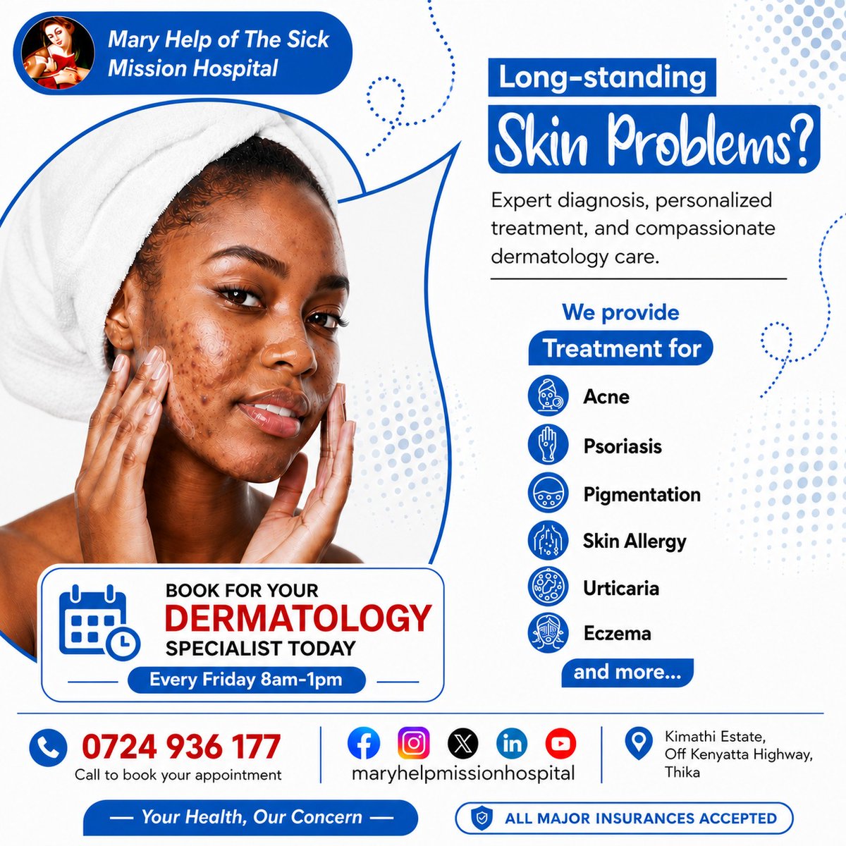 MaryHelpMission's tweet photo. Expert Consultant #Dermatologist Available!
Healthy  skin starts with expert care. Whether you're struggling with acne,  eczema, psoriasis, pigmentation, skin allergies, urticaria, or other  skin concerns, our experienced Consultant Dermatologist is here to help https://t.co/pTmLKzpii5