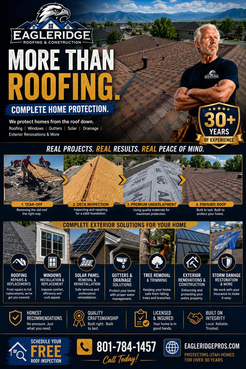 EagleRidgePros's tweet photo. Your home deserves more than just a roof.

Roofing • Windows • Gutters • Drainage • Roof Coatings • Solar Panels • Tree Removal • Exterior Renovations.

🏠 One trusted team. Book your FREE roof inspection today.

#UtahRoofing #EagleRidgeRoofing https://t.co/wirDStyl5g