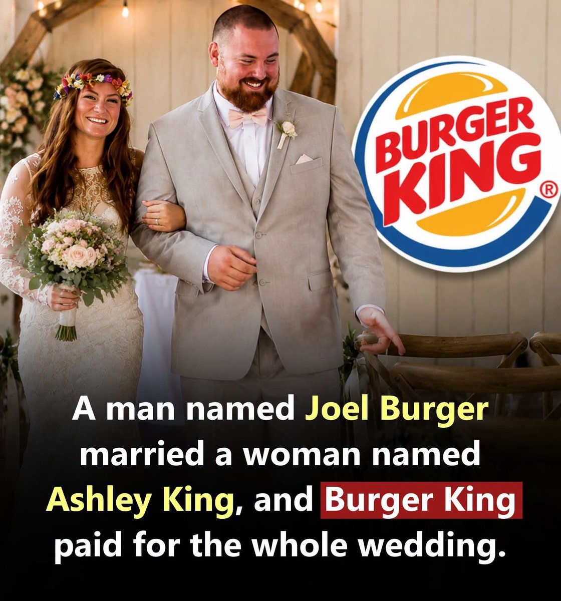 kusAujla's tweet photo. 🍔 When Joel Burger married Ashley King, their new last name became “Burger-King” — creating a hilarious coincidence that went viral! 😂
🎉 Burger King joined the fun by covering their wedding expenses! ❤️✨
#BurgerKing #WeddingGoals #ViralStory https://t.co/xYxxByZhKa