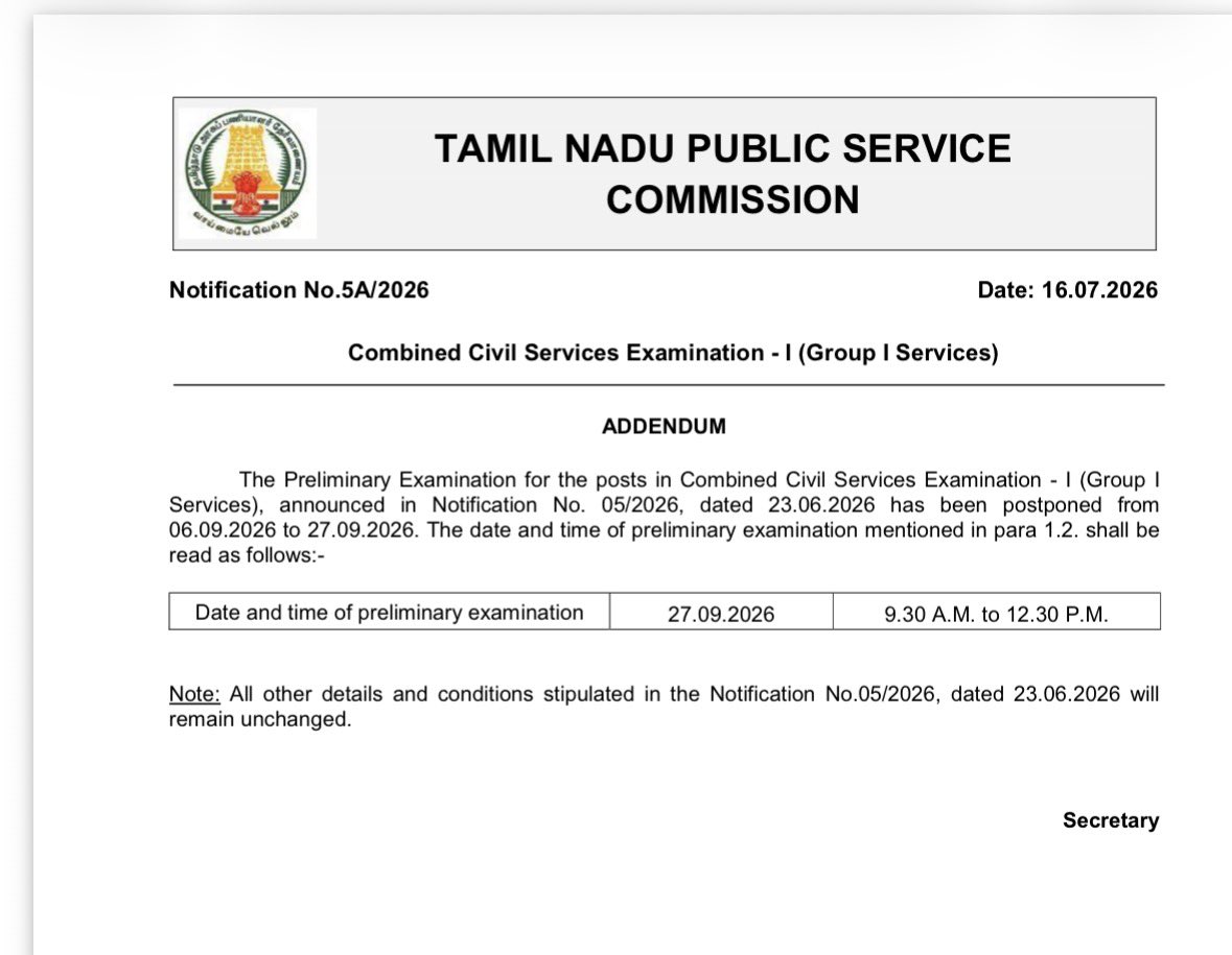 ARMTNPSC's tweet photo. TNPSC Group-1 Addendum 👇🏽
(5A/2026, dated 16.07.2026)

Date of Preliminary Exam is shifted from 06.09.2026 to 27.09.2026 https://t.co/zwfg7bH4ka