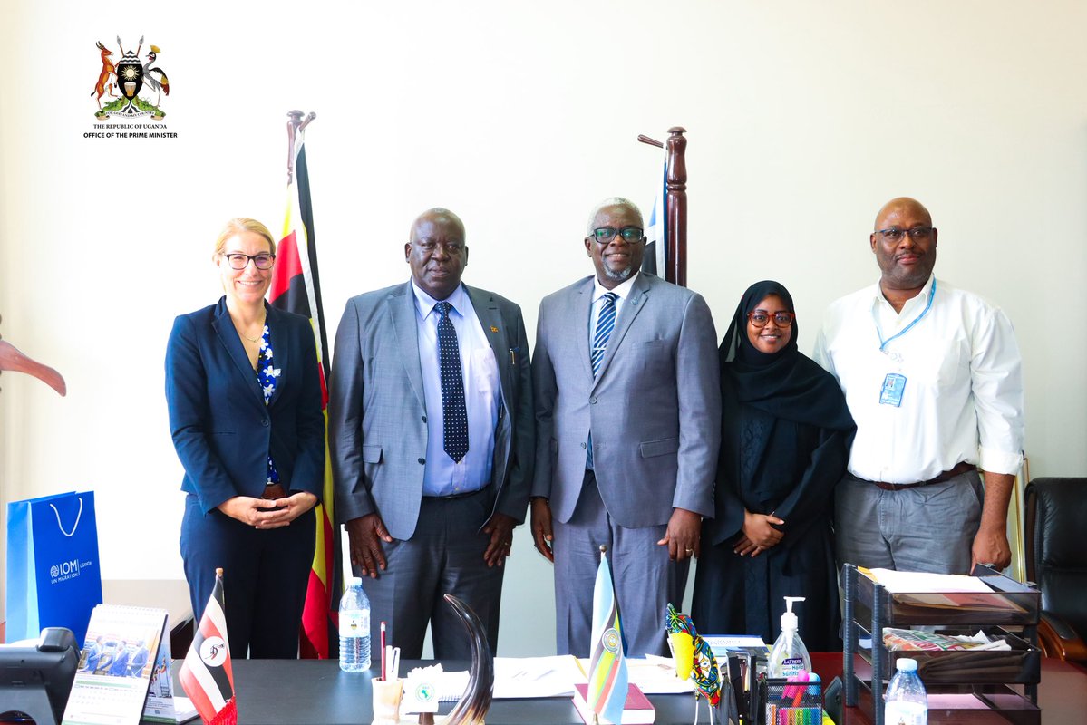 OPMUganda's tweet photo. The Minister of Relief, Disaster Preparedness and Refugees, Hon. @SamEngola3, today received Mr @SanusiTejan , the @IOM_Uganda Chief of Mission, and his delegation for a courtesy call.

They discussed a range of issues, including disaster preparedness and response, as well as refugee management.

The IOM team briefed the Minister on the organisation’s ongoing programmes and efforts to align their activities with the Government’s development agenda.

#OPMUganda