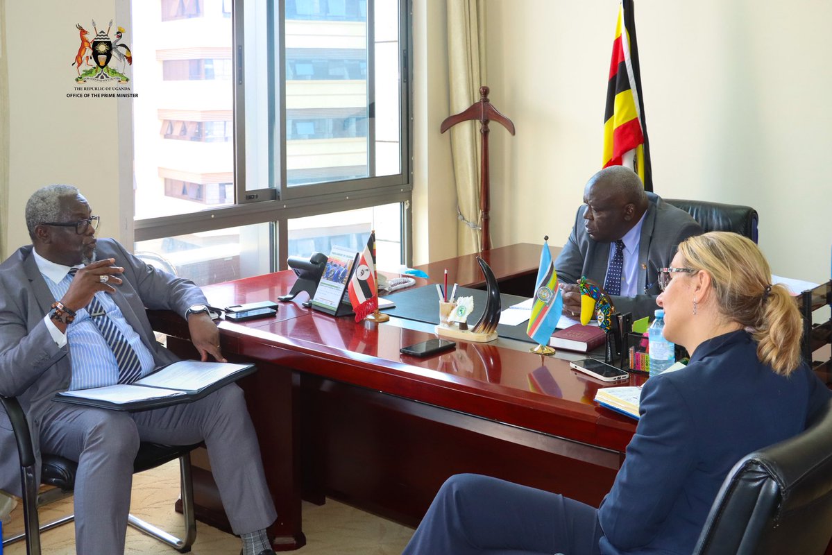 OPMUganda's tweet photo. The Minister of Relief, Disaster Preparedness and Refugees, Hon. @SamEngola3, today received Mr @SanusiTejan , the @IOM_Uganda Chief of Mission, and his delegation for a courtesy call.

They discussed a range of issues, including disaster preparedness and response, as well as refugee management.

The IOM team briefed the Minister on the organisation’s ongoing programmes and efforts to align their activities with the Government’s development agenda.

#OPMUganda