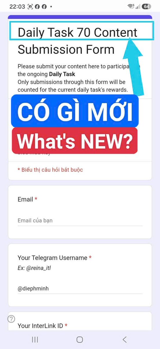 diephminh's tweet photo. Có gì khác biệt trong Biểu Mẫu Nộp báo cáo nhiệm vụ?

1. Phần Quốc Gia được lập trình sẵn tránh sai sót khi viết thủ công
2. Phân chia giữa nội dung NHIỆM VỤ  và nội dung các bài tự do nói về InterLink
#ITL #ITLG #InterLink #DHM https://t.co/4F3dP80pey