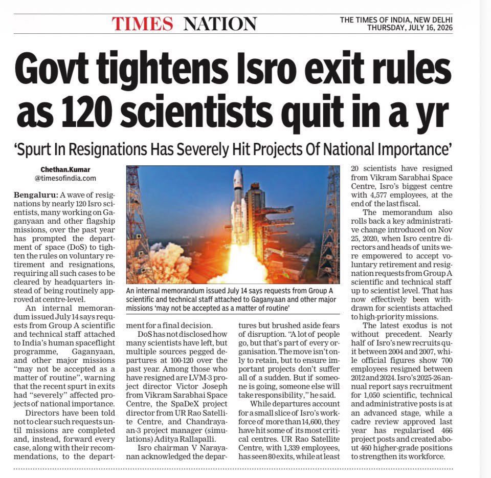 SupriyaShrinate's tweet photo. This exodus from ISRO is a serious cause of concern.

Merely increasing the exit barriers isn’t enough.

The govt must address the reasons why these scientists are quitting an institution like ISRO in such large numbers. https://t.co/IFreN4CaUA