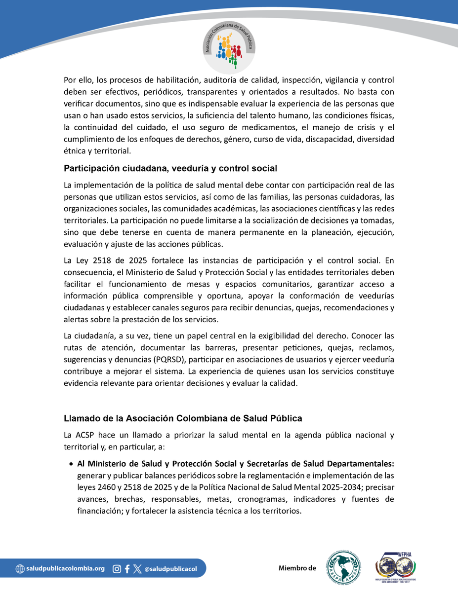 saludpublicacol's tweet photo. La salud mental debe ser prioridad en la agenda pública de Colombia
Desde la #ACSP hacemos un llamado a convertir los avances normativos en acciones concretas que garanticen atención oportuna, integral, humanizada y sin discriminación.
🌐 https://t.co/p1RTPKme4C
#SaludMental https://t.co/X0kRtE9oD5