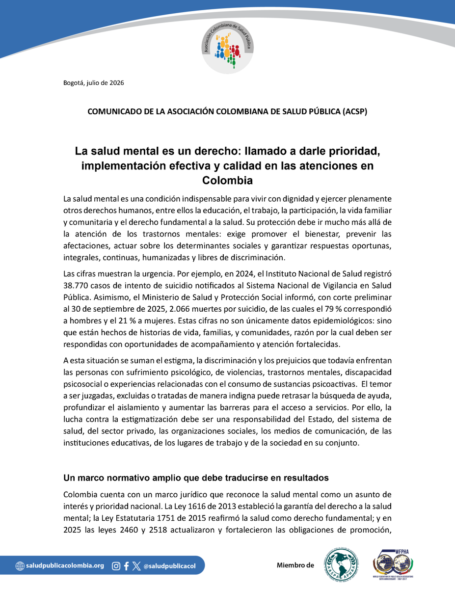 saludpublicacol's tweet photo. La salud mental debe ser prioridad en la agenda pública de Colombia
Desde la #ACSP hacemos un llamado a convertir los avances normativos en acciones concretas que garanticen atención oportuna, integral, humanizada y sin discriminación.
🌐 https://t.co/p1RTPKme4C
#SaludMental https://t.co/X0kRtE9oD5
