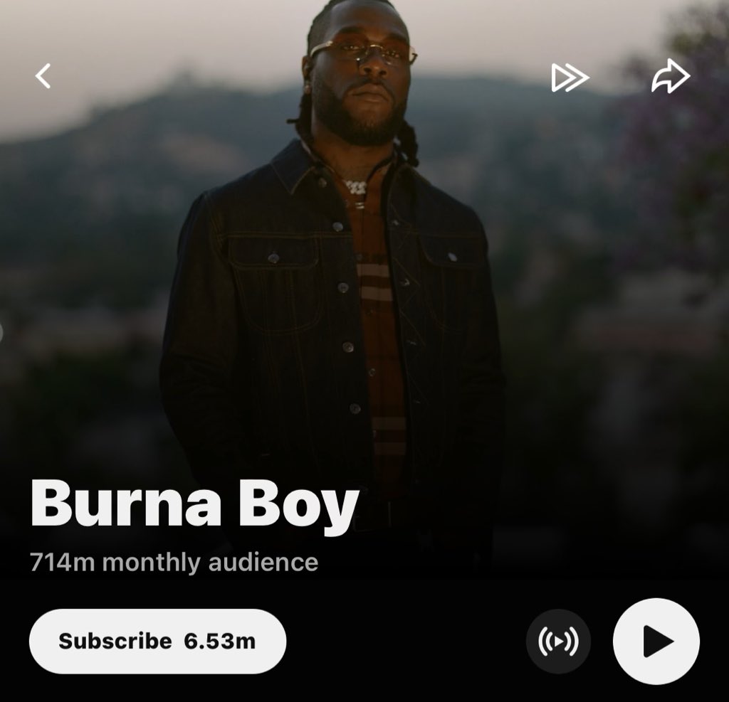 thedebuthub's tweet photo. JUST IN 🚨

Burna Boy has now surpassed 700 MILLION (714M) monthly audience on YouTube Music. 

— He’s the 1st African artist to reach the milestone. 👏🏾 https://t.co/U6WaMncEOc