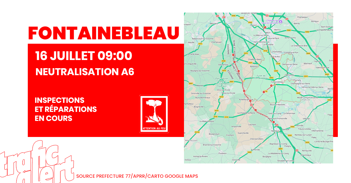 trafic_msgu's tweet photo. ACTUALISATION | Ce jeudi à 18h, l’A6 reste fermée sur 25km à hauteur de Fontainebleau, la réouverture devrait être échelonnée dans les prochains jours, avec des restrictions de circulation, indique la préfecture #A6 #Fontainebleau ➡️ https://t.co/h7HJCHYZ41 https://t.co/ldQNzTxvfj