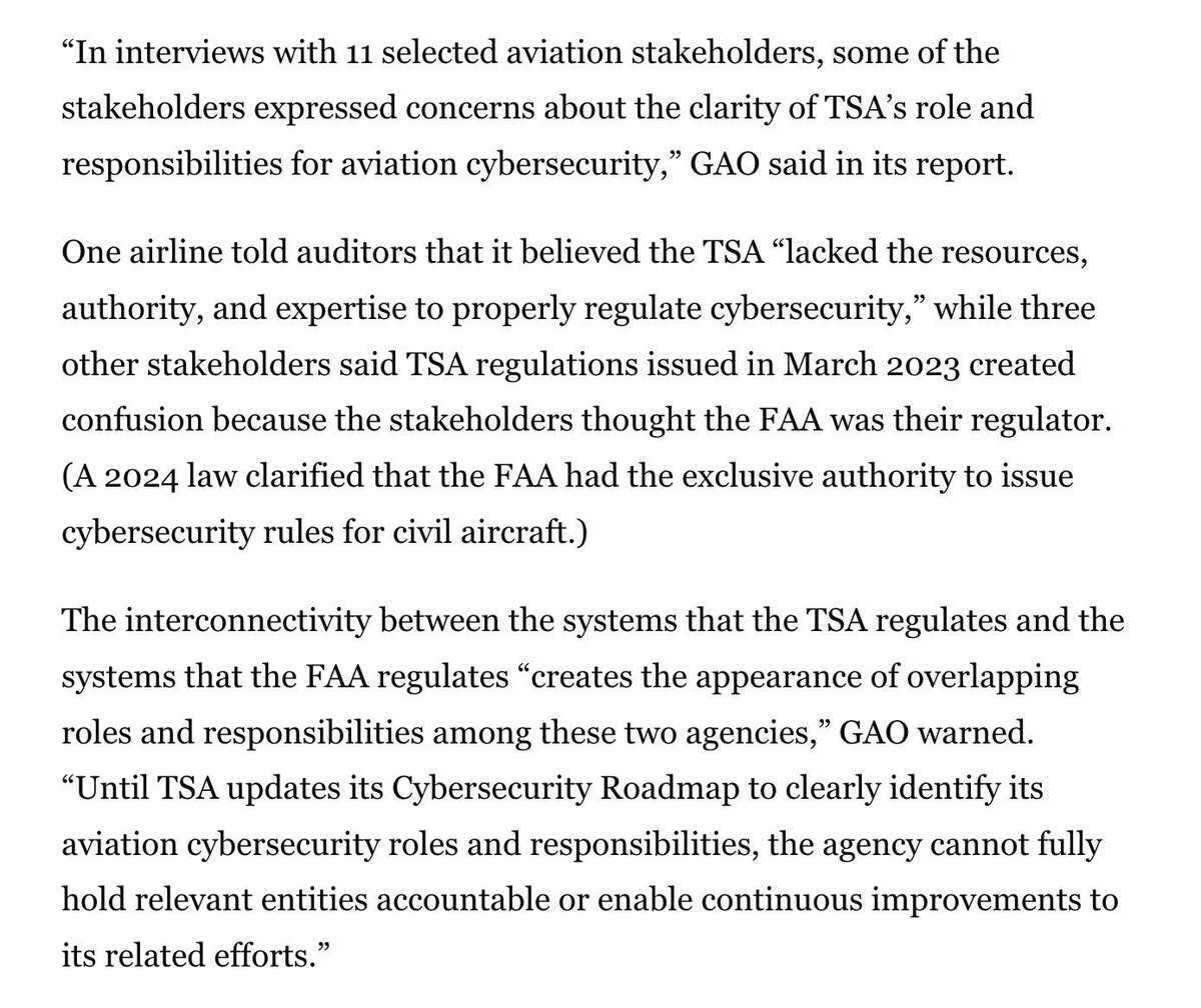 ericgeller's tweet photo. A new report from GAO says the FAA and the TSA aren't doing everything they should be doing to protect the cybersecurity of the U.S.'s aviation system: https://t.co/QK8ruej3cz https://t.co/C8404v14I1