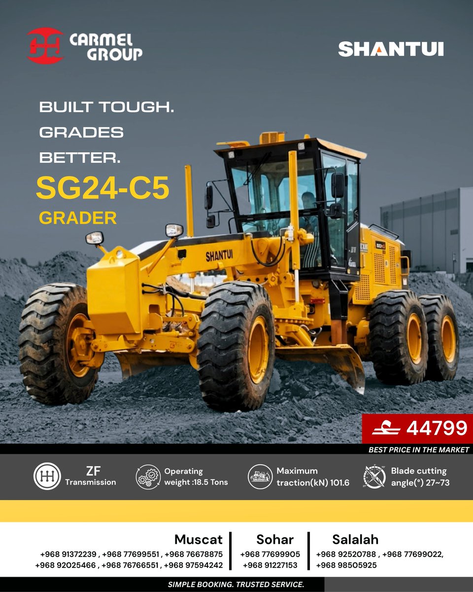 CarmelSpc's tweet photo. SHANTUI SG24-C5 MOTOR GRADER – BUILT TOUGH. GRADES BETTER.
📍 Available Locations:
📌 Muscat | Sohar | Salalah
📞 Contact Us:
Muscat
📱 +968 91372239 | +968 77699551 |
#Shantui #HeavyEquipment #ConstructionEquipment #RoadConstruction #Earthmoving #MiningEquipment #Grader https://t.co/u4o62BBdwk