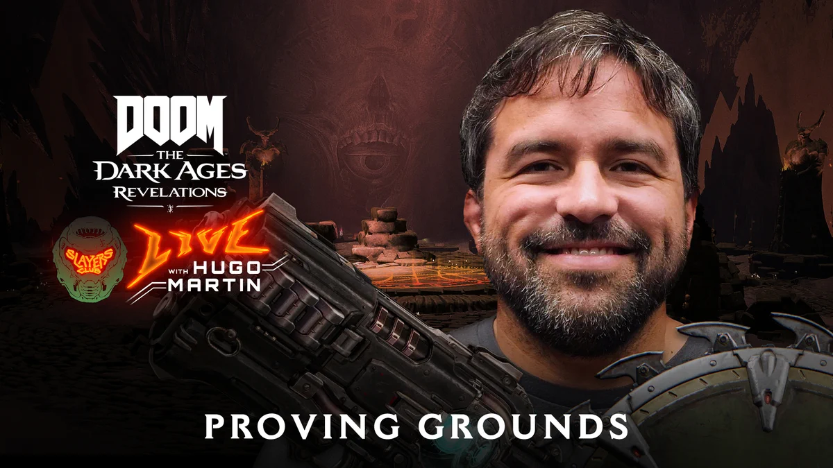 A man with dark hair and a beard smiles at the camera, holding a large futuristic weapon. Behind him is a dark, ominous setting with details that suggest a video game theme. Text reads 'DOOM: The Dark Ages | Revelations,' 'Live with Hugo Martin,' and 'Proving Grounds.'