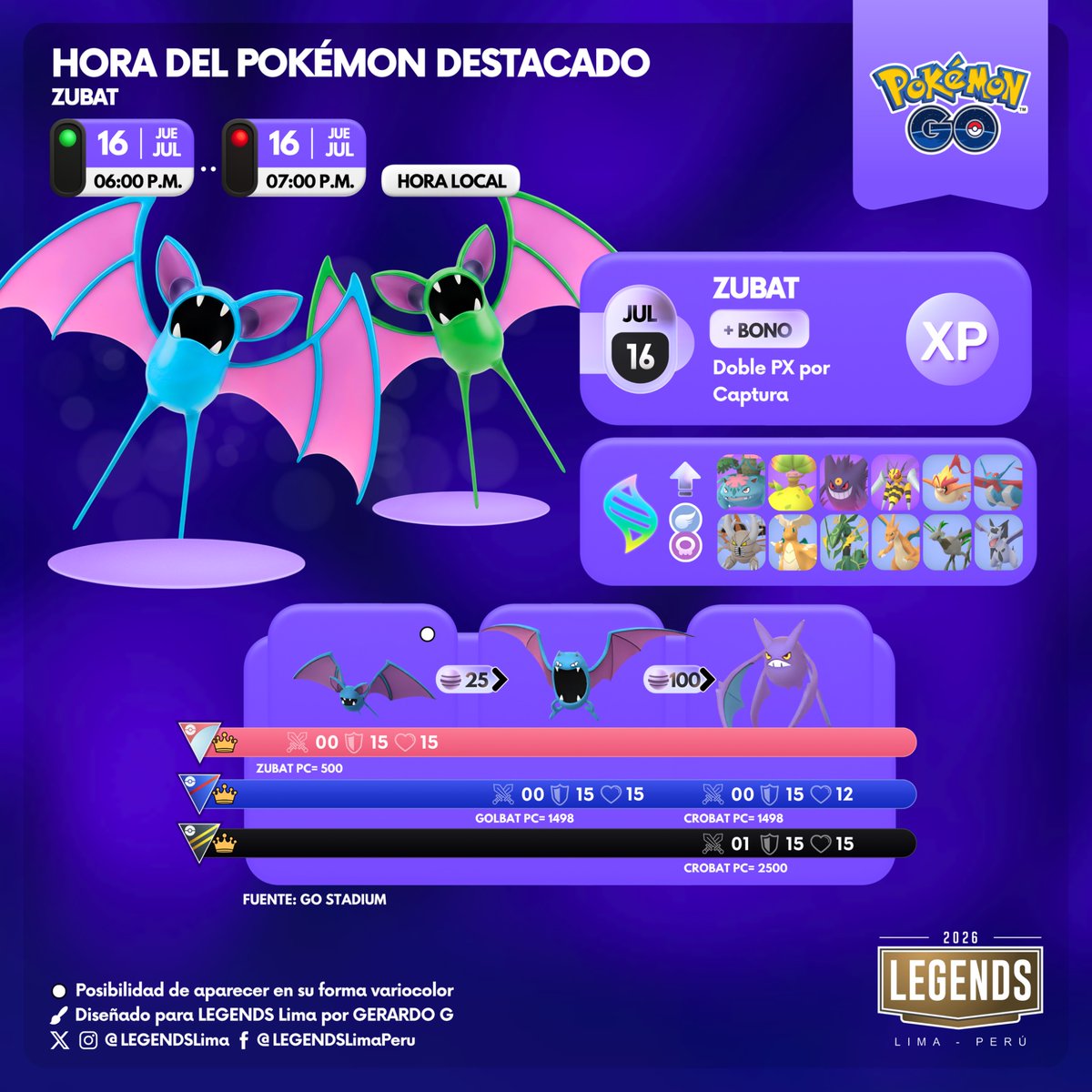 LEGENDSLima's tweet photo. 🇬🇧🇪🇸🇩🇪
Remember, Trainers!
#Zubat and the special bonus will be available on Thursday, July 16th from 6:00 p.m. to 7:00 p.m. (local time).

#PokémonGO #PokemonGOApp https://t.co/oUuvitfpfw