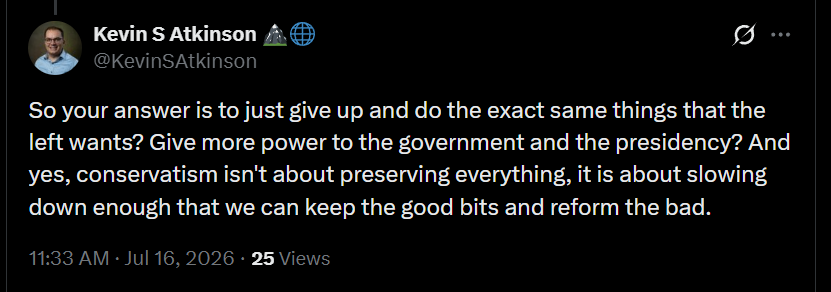 CovfefeAnon's tweet photo. "Principled conservatives" will ask a question like this

>Give more power to the government and the presidency?

and it is so far removed from reality that it's hard to even begin to answer it as if it is a meaningful question - in the actual reality that we live in there's a federal bureaucracy with effectively unlimited power that also entirely decides how to interpret the broad grants of power that it has

For example, someone somewhere decided to outlaw lightbulbs - not enough lumens per watt to meet their standards, you see. Of course, this person is unfireable and that decision is irreversible - because being able to fire this person or reverse his decision would be "giving more power to the presidency"

Confronting this reality would mean giving more power to the actual president - a single man - to deal with the omnipotent bureaucracy that's ruled this country for about 90 years. Of course, no structure rules a country for 90 years without accreting people who make a living helping it function "smoothly" and disrupting that would make all of those people your enemy for upsetting their rice bowls. As bad as that would be, those people are just the tip of the iceberg

The bigger defenders are those who are "ideologically" committed to rule by bureaucrat because they know they control the "crucial epistemic advantages" that allow them to "manipulate procedural outcomes" [in this case read: "manipulate belief"] and those people terrify "principled conservatives" because they have a crucial epistemic advantage over *them* - the "principled conservative" *believes in the moral rightness of the progressive cause* and if progressives call a principled conservative a Bad Person for saying that progressives don't actually have the right to rule "principled conservatives" would simply grovel - "oh please don't call me a *racist*!"

They know it's about power, "conservatives" do not

"Principled conservatives" are the only people deluded enough to believe in the fantasy that is the "liberal" system