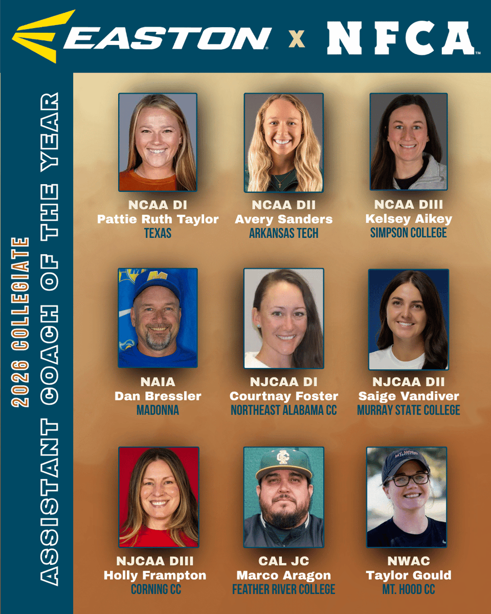 NFCAorg's tweet photo. Honoring the game's unsung leaders. 👏

Congratulations to the 2026 @EastonFastpitch / NFCA Collegiate Assistant Coach of the Year honorees. 🥎🥳

🔗https://t.co/Kff52BwbfV https://t.co/EFSXDhJxUS