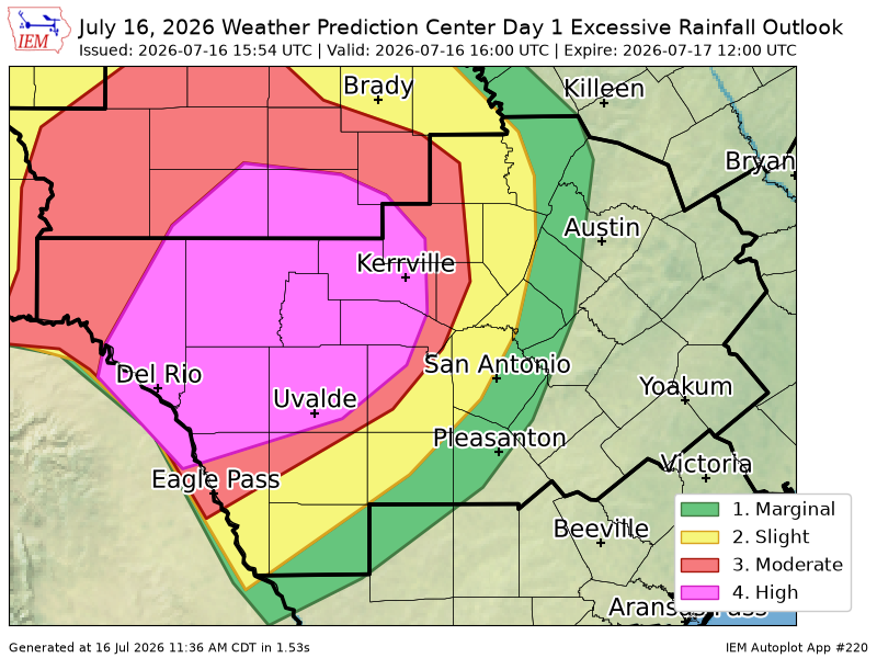 ScannerAtx's tweet photo. WPC issues Day 1 High Risk Excessive Rainfall Outlook at Jul 16, 15:54z for EWX https://t.co/48PU46xc7C https://t.co/Nf0xwMDzz6
