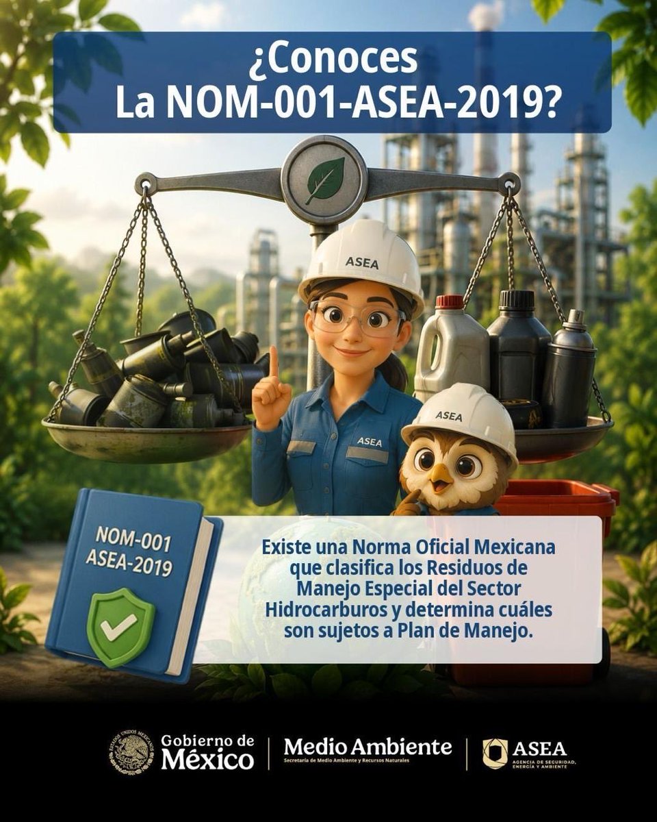 agencia_asea's tweet photo. ¿#SabíasQue no todos los residuos del sector hidrocarburos se manejan igual?

Existe una Norma Oficial Mexicana que clasifica los Residuos de Manejo Especial del Sector Hidrocarburos y determina cuáles son sujetos a Plan de Manejo. 

La NOM-001-ASEA-2019 clasifica a los residuos generados para darle el manejo adecuado y con ello proteger nuestro medio ambiente.

Conoce qué residuos deben presentar Plan de Manejo aquí 👉 https://t.co/aGhNgsPd0V